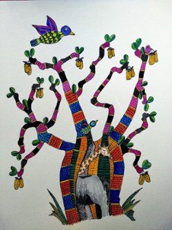 Elephant and Giraffe in a Baobab Tree - Gond Art