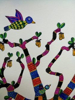 Elephant and Giraffe in a Baobab Tree - Gond Art