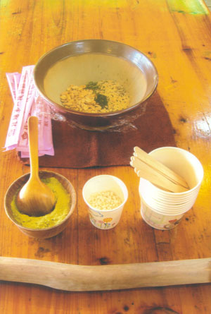 The makings for Lei Cha at Mr. Peng's Kuan-Chun PonFonCha Museum. PonFonCha is the tea name for the famous and very expensive Oriental BeautyTea made only in Beipu, Hsinchu County.